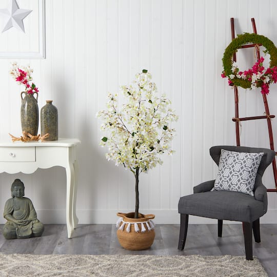 5ft. Artificial White Bougainvillea Tree with Basket